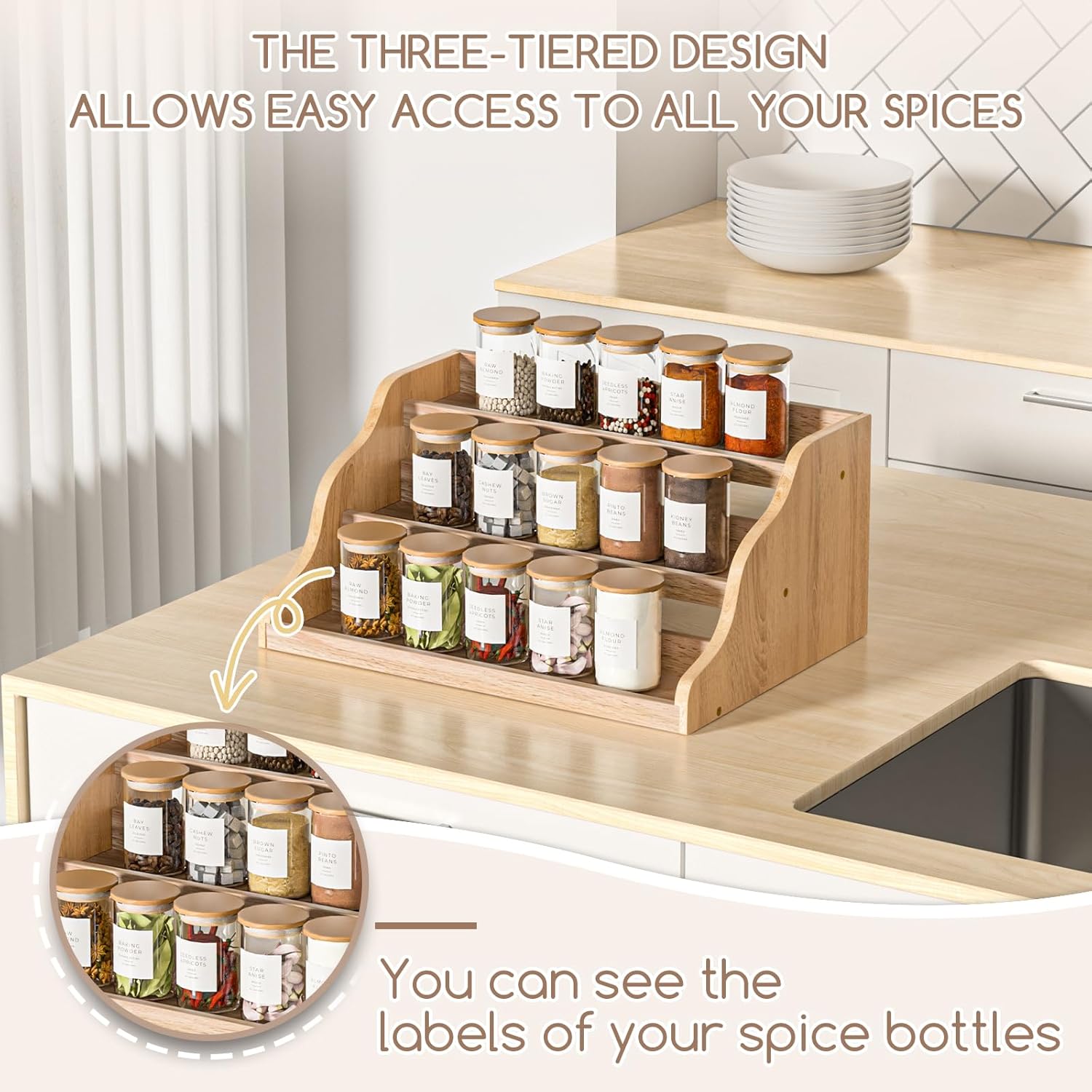 Tiered Spice Rack Organizer for Cabinet, Wooden Spice Rack for Countertop, Spice Shelf organizer Spice Organization for Cabinet