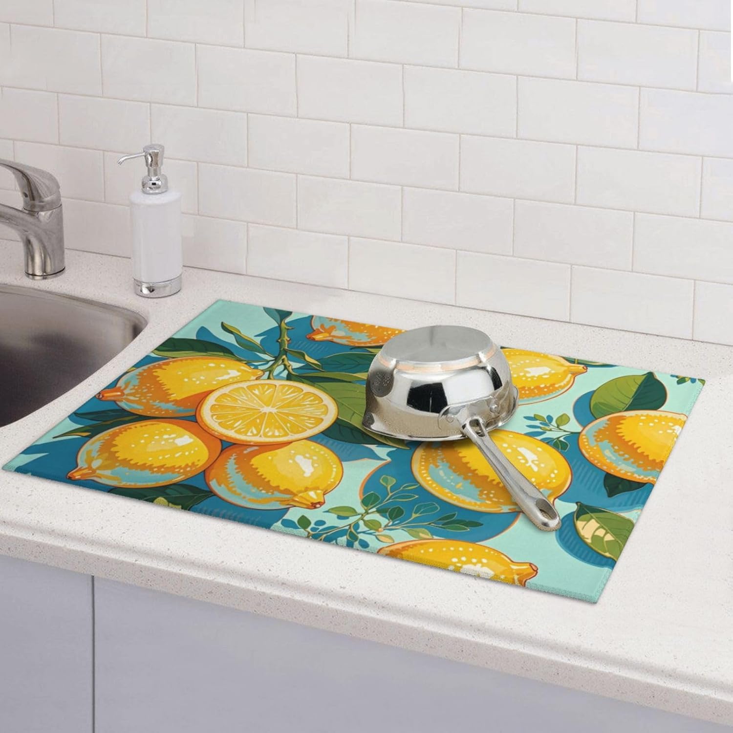 lemon Dish Drying Mat Highly Absorbent Double-Sided Microfiber with Hanging Loop Reversible Drain Dish Rack Mat Drain Mat Suitable for Kitchen Countertop Coffee Bar 18 x 24 Inch