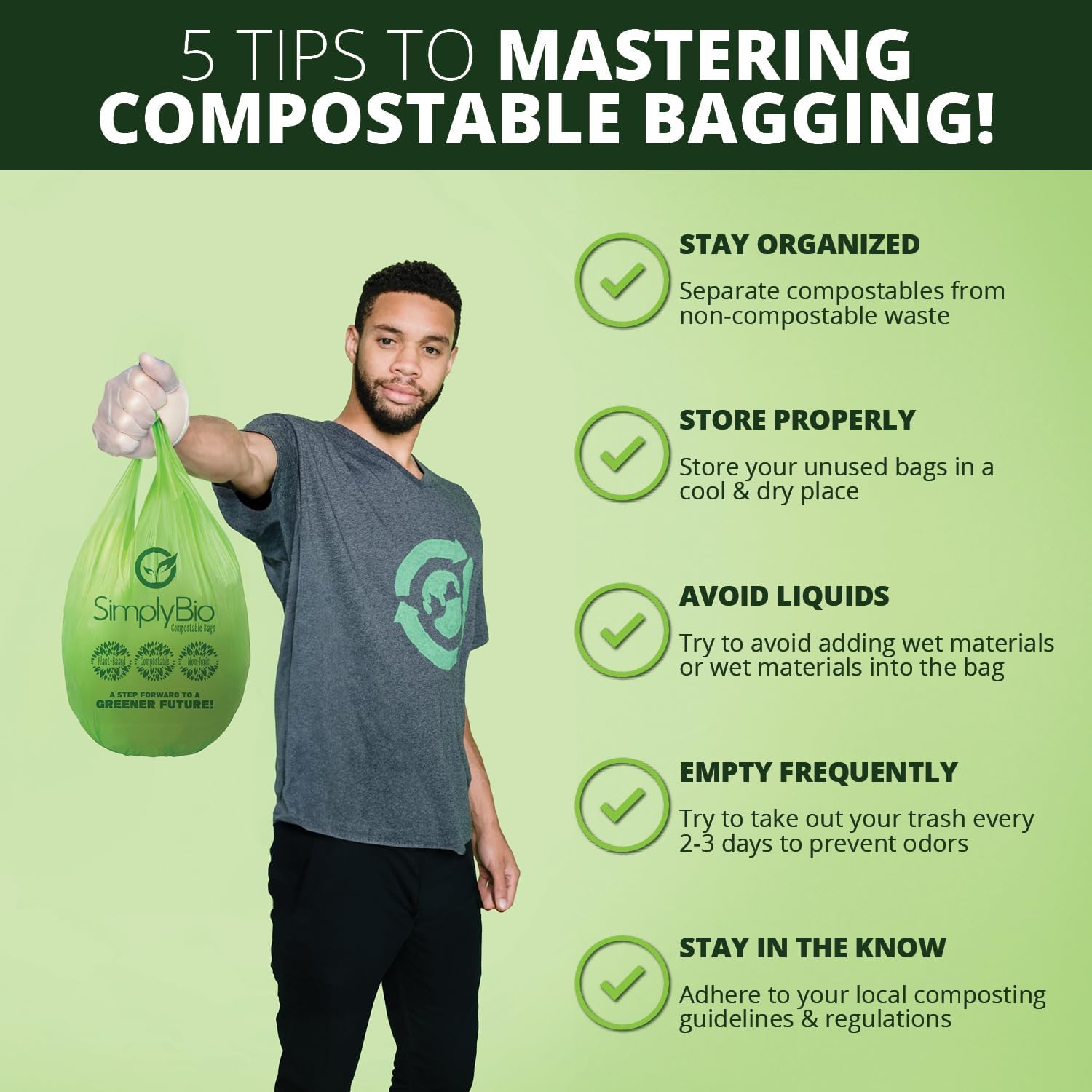 Simply Bio 3 Gallon Compostable Trash Bags Liners with Handle-Tie, Thick 0.67 Mil, 11.36 Liter, 80 Bags, Small Kitchen Food Scrap Waste Bag, ASTM D6400, US BPI and OK Compost Home Certified
