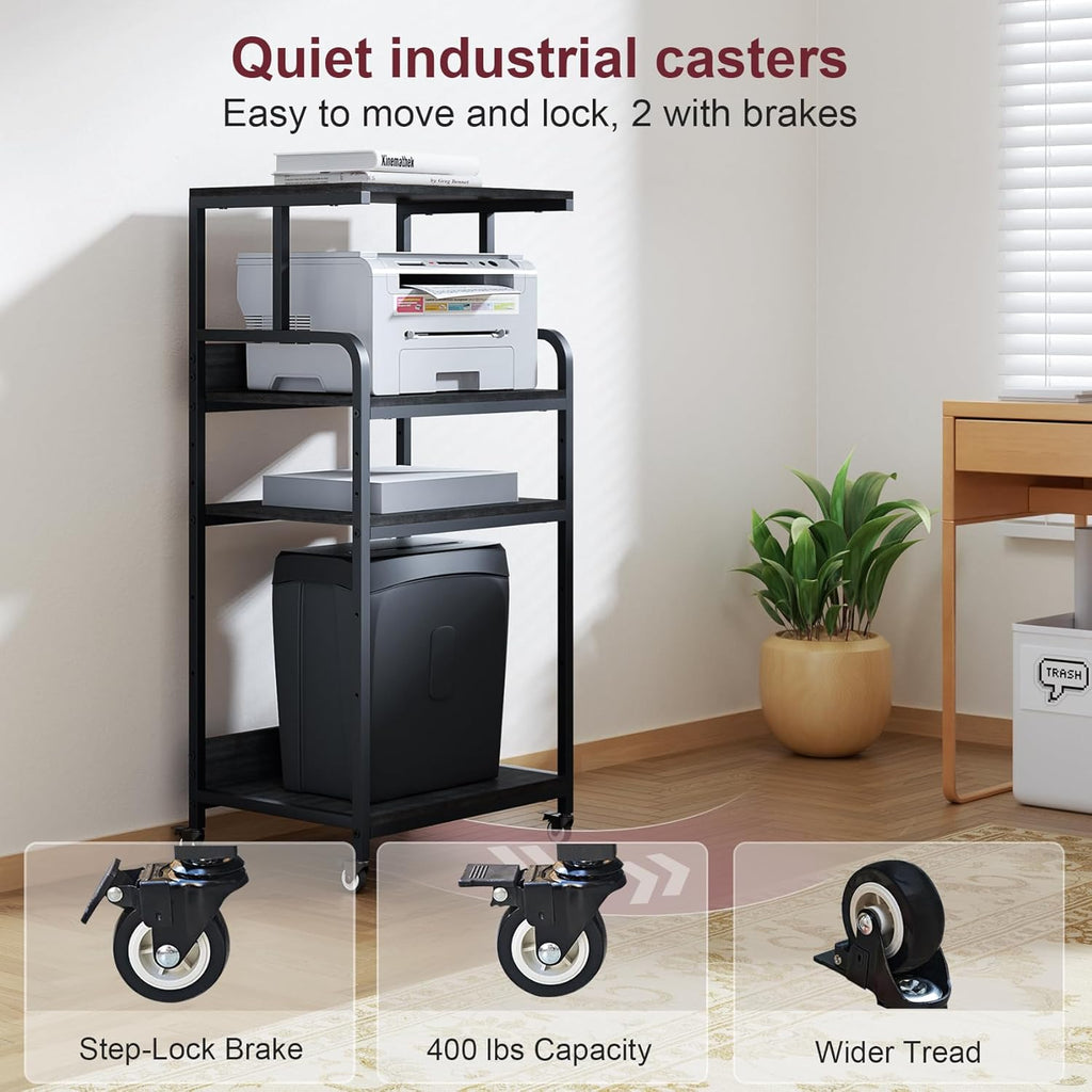 4 Tier Printer Stand with Storage Shelf, Large Tall Printer Table for Home Office, Mobile Printer Cart with Industrial Wheels for Paper Shredder Scanner Fax Heat Press Small Space Organization (Black)
