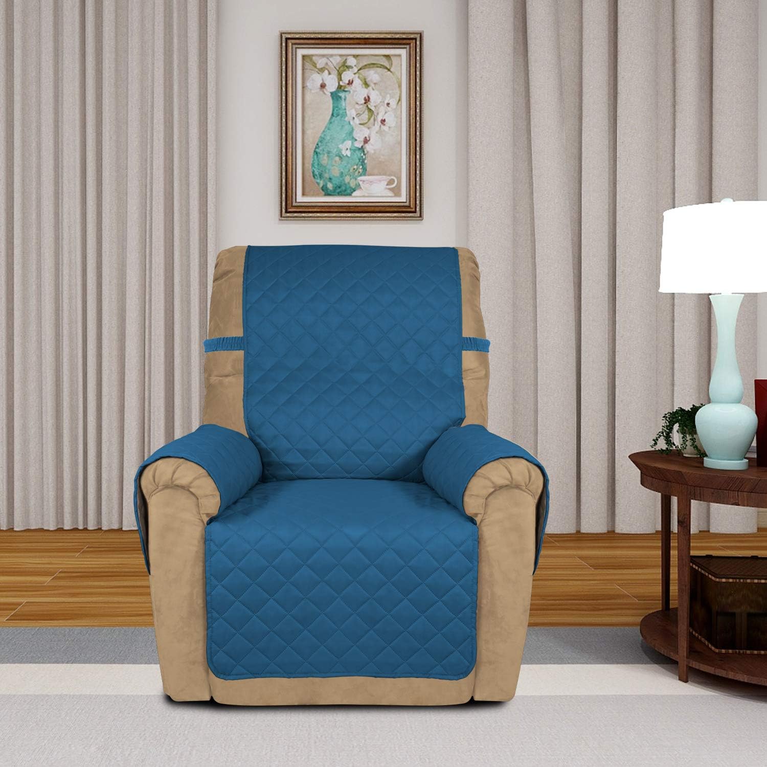 PureFit Reversible Quilted Sofa Cover, Water Resistant Slipcover Furniture Protector, Washable Couch Cover with Non Slip and Elastic Straps for Kids, Dogs, Pets (Small Recliner, Peacock Blue/Beige)