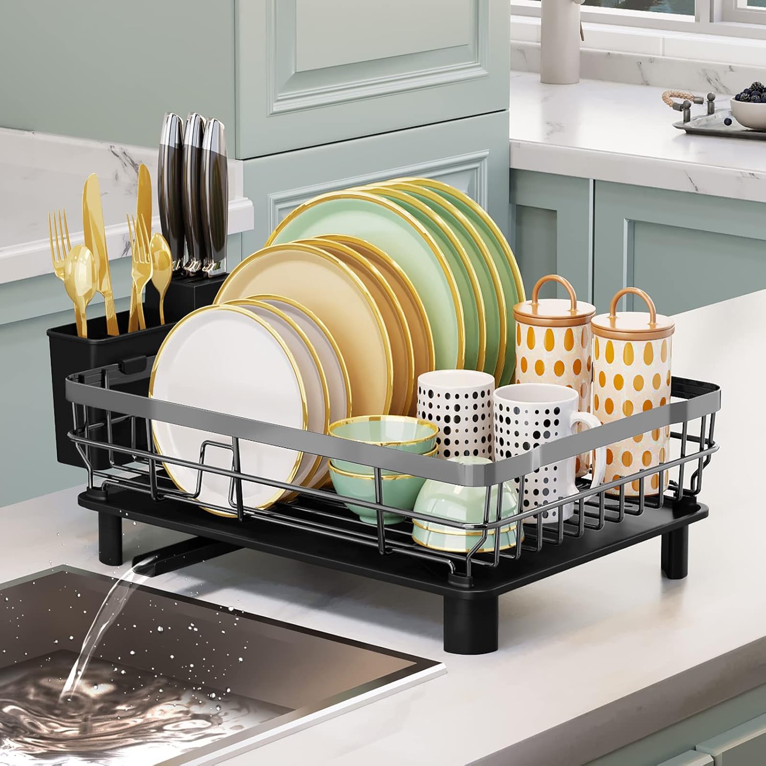 Iron Dish Drying Rack with Drainboard Dish Drainers for Kitchen Counter Extendable Spout Strainers with Utensil Holder and Knife Slots, Grey