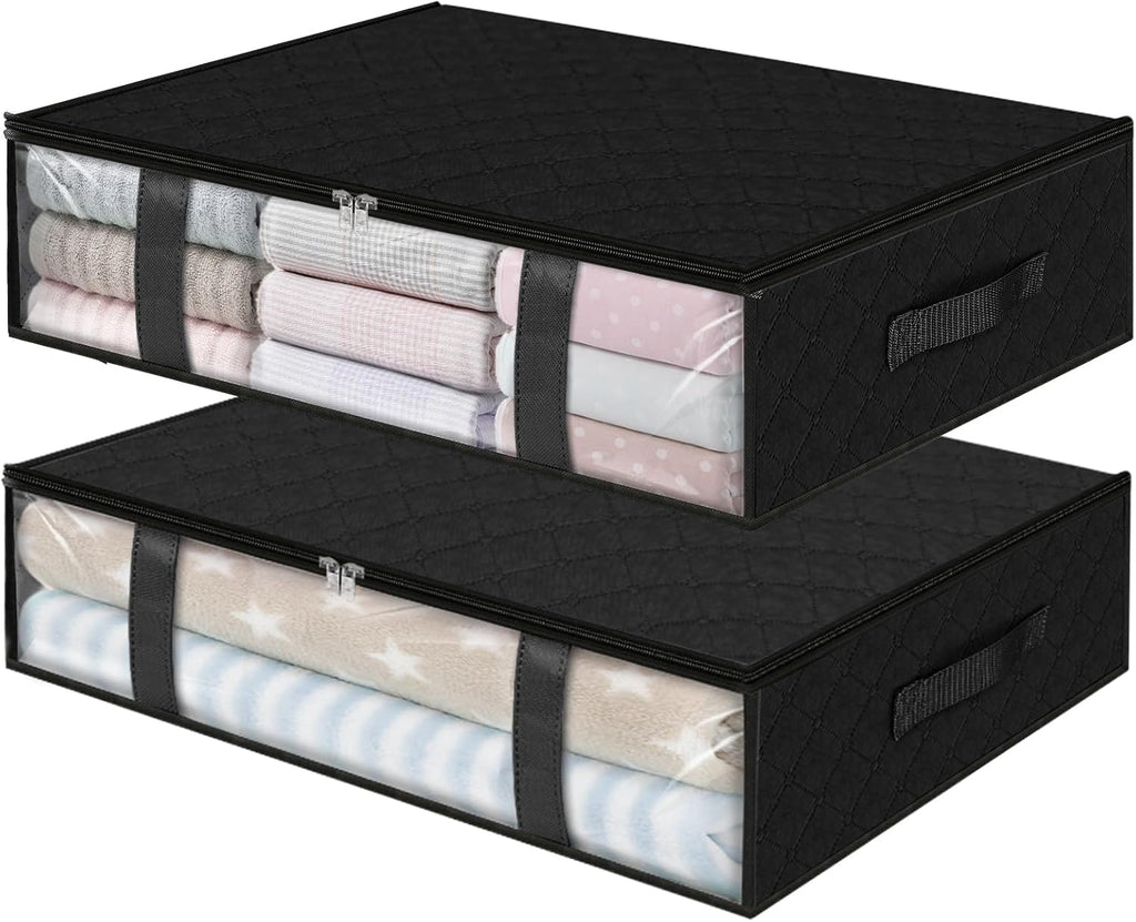 StorageRight Under Bed Storage Bins, 2-Pack 40L Foldable Fabric Storage Bags with Transparent Window, Breathable Organizer for Clothes/Blanket/Comforter/Quiltr, Black