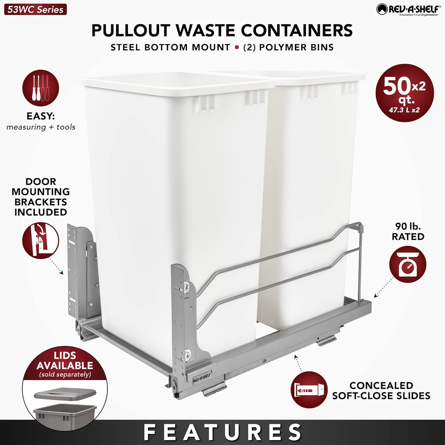 Rev-A-Shelf Double Pullout Trash for Full Height Kitchen Cabinets 50 Quart 12.5 Gallon with Soft-Close Slides, Metallic Silver, 53WC-2150SCDM-217