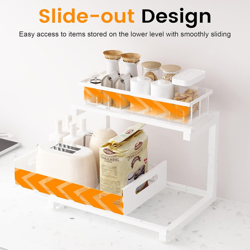Under Sink Organizer Storage 2-Tier Heavy Duty Metal Pull Out Cabinet Organizer Slide Out Sink Shelf Organizer Height Adjustable, Multi-Purpose Storage Shelf for Kitchen Bathroom (White, 1 Pack)