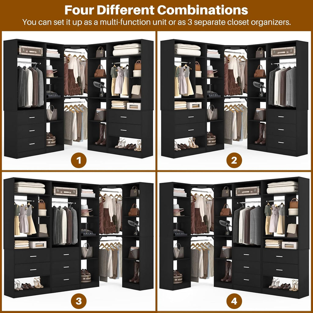 Corner Closet System with 5 Drawers, Closet Organizer System with 15+Shelvess & 4 Hanging Rods, 63.2"L * 63.2"W / 87.2"L * 39.2"W Reversible L Shaped Walk-in Closets, Load 2500+LBS, Black