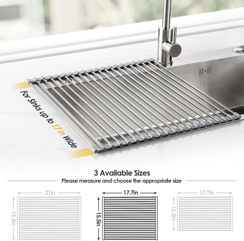 Tomorotec 17.7" x 15.5" Roll Up Dish Drying Rack Over Sink Drying Rack Sink Cover Kitchen Sink Accessories Gadget Multipurpose Organizer Foldable Stainless Steel Drainer (Grey)