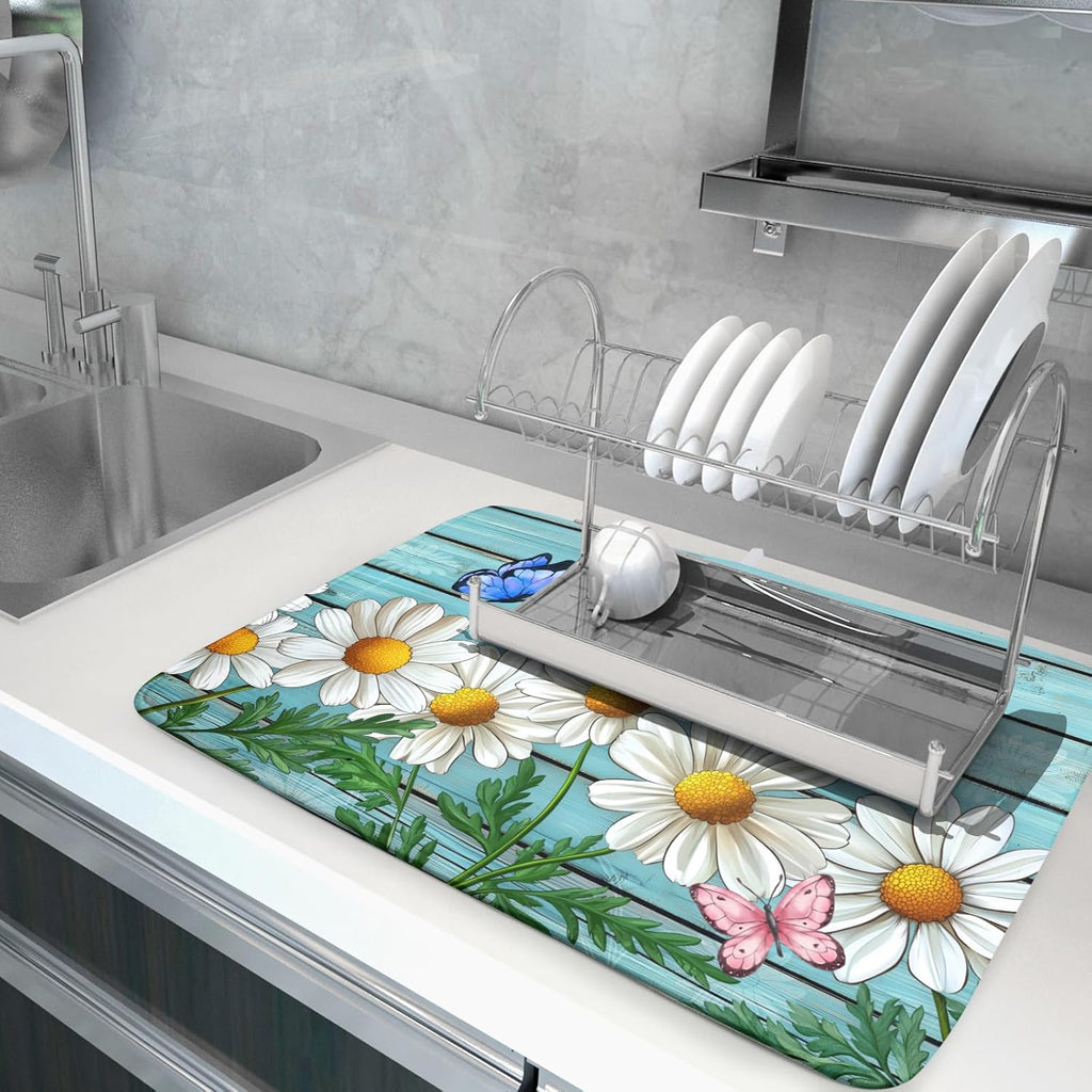 Spring Summer Daisy Flowers Dish Drying Mat for Kitchen Counter 18”x24” Rustic Daisy Absorbent Dish Drying Mat Reversible Microfiber Dish Drainer Rack Fast Drying Mat for Countertops Tableware Decor
