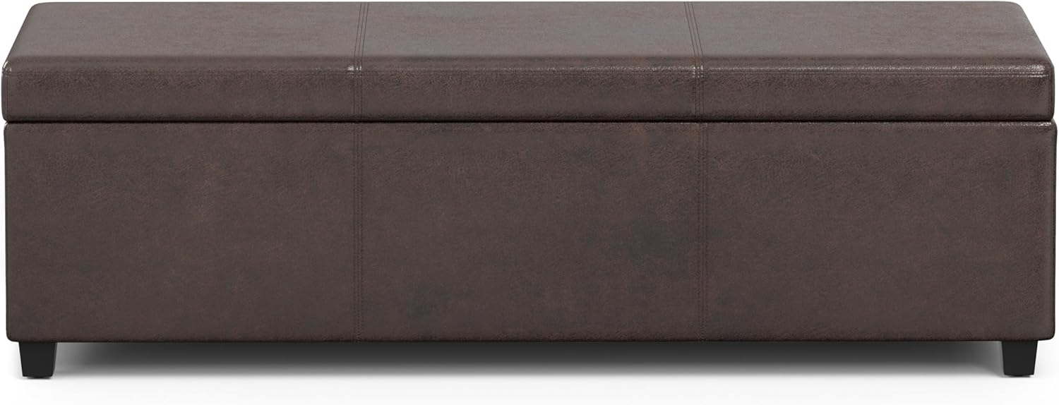 SIMPLIHOME Avalon 54 inch Wide Contemporary Rectangle Extra Large Storage Ottoman Bench in Distressed Brown Vegan Faux Leather, Assembled, for The Living Room, Entryway and Family Room