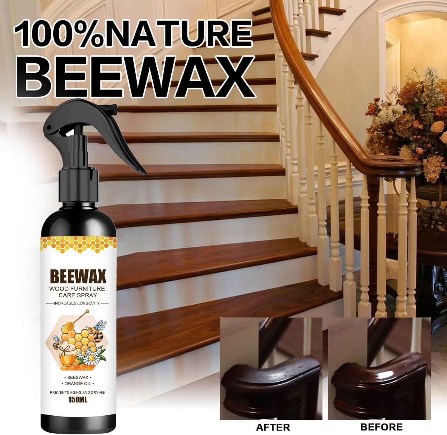 MOODTALK Beeswax Spray Furniture Polish, Wood Cleaner, Wood Floor Polish - For Living Room, Kitchen and Wooden Furniture Floors (Pack of 2) (150 ml)