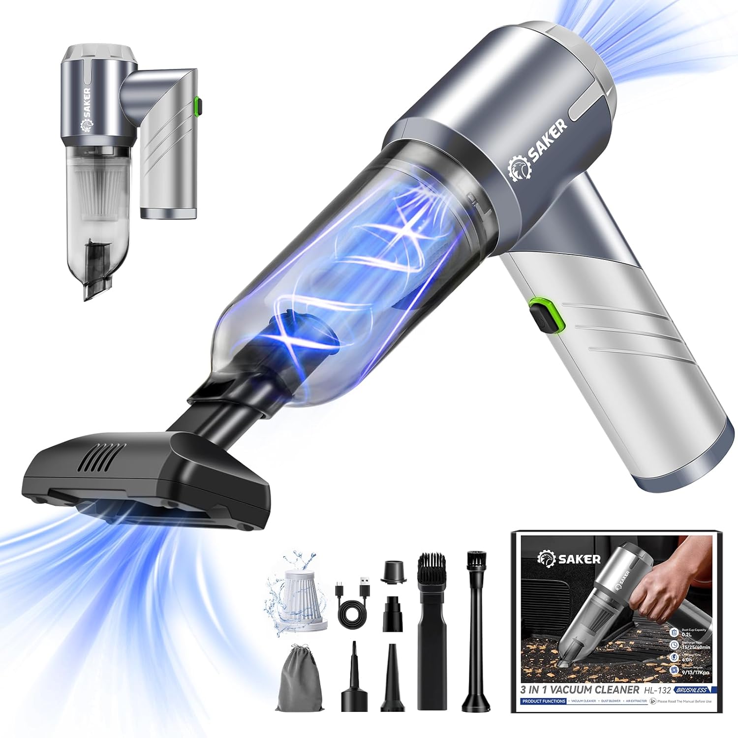 Saker Car Vacuum Cleaner 17000PA Foldable 3 in 1 Mini Handheld Vacuums Portable Cordless with Brushless Motor for Hair,Cars,Bedrooms,Offices Cleaning HL132 Silver