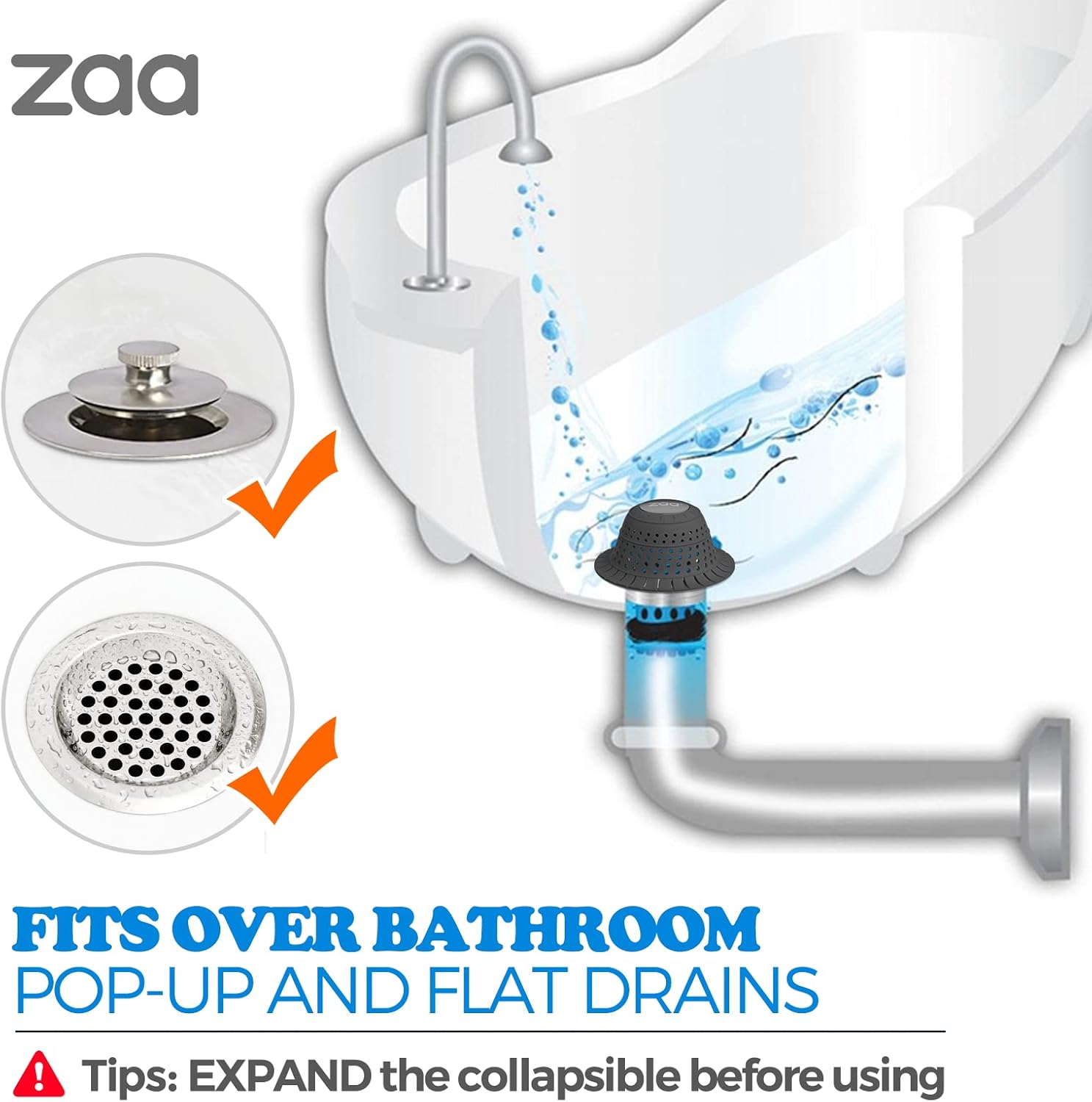 zaa Bathtub Drain Hair Catcher, 2 Pack Silicone Collapsible Bathtub Drain Cover Hair Catcher & Protector for Pop-Up & Regular Drains of Shower, Bathtub, Tub, Bathroom, Sink, Black Black
