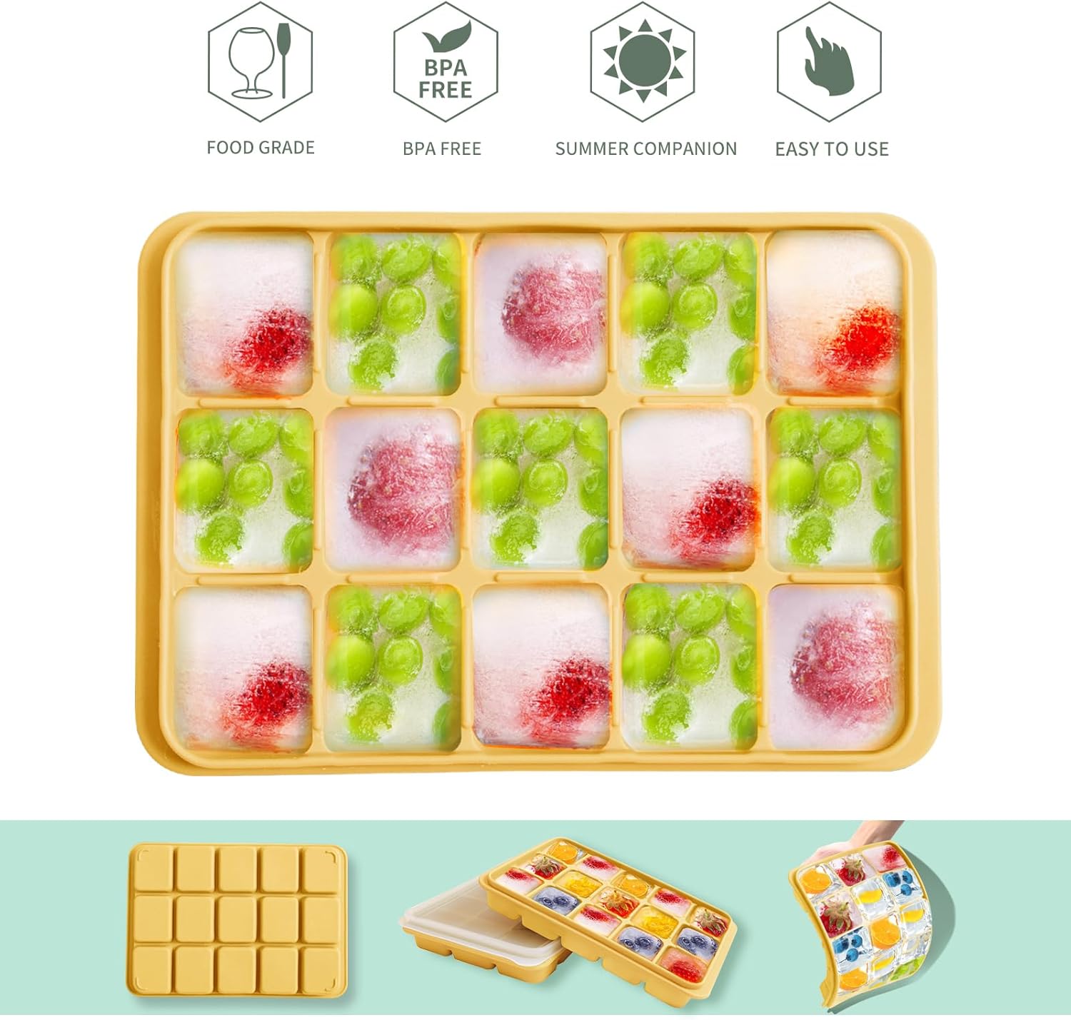 Tvmania Ice Cube Trays Set of 2, Easy Release 15 Flexible Silicone Ice Cube Molds with Removable Lid Reusable Freezer Ice Trays Stackable for Whiskey, Baby Food, BPA Free (yellow)