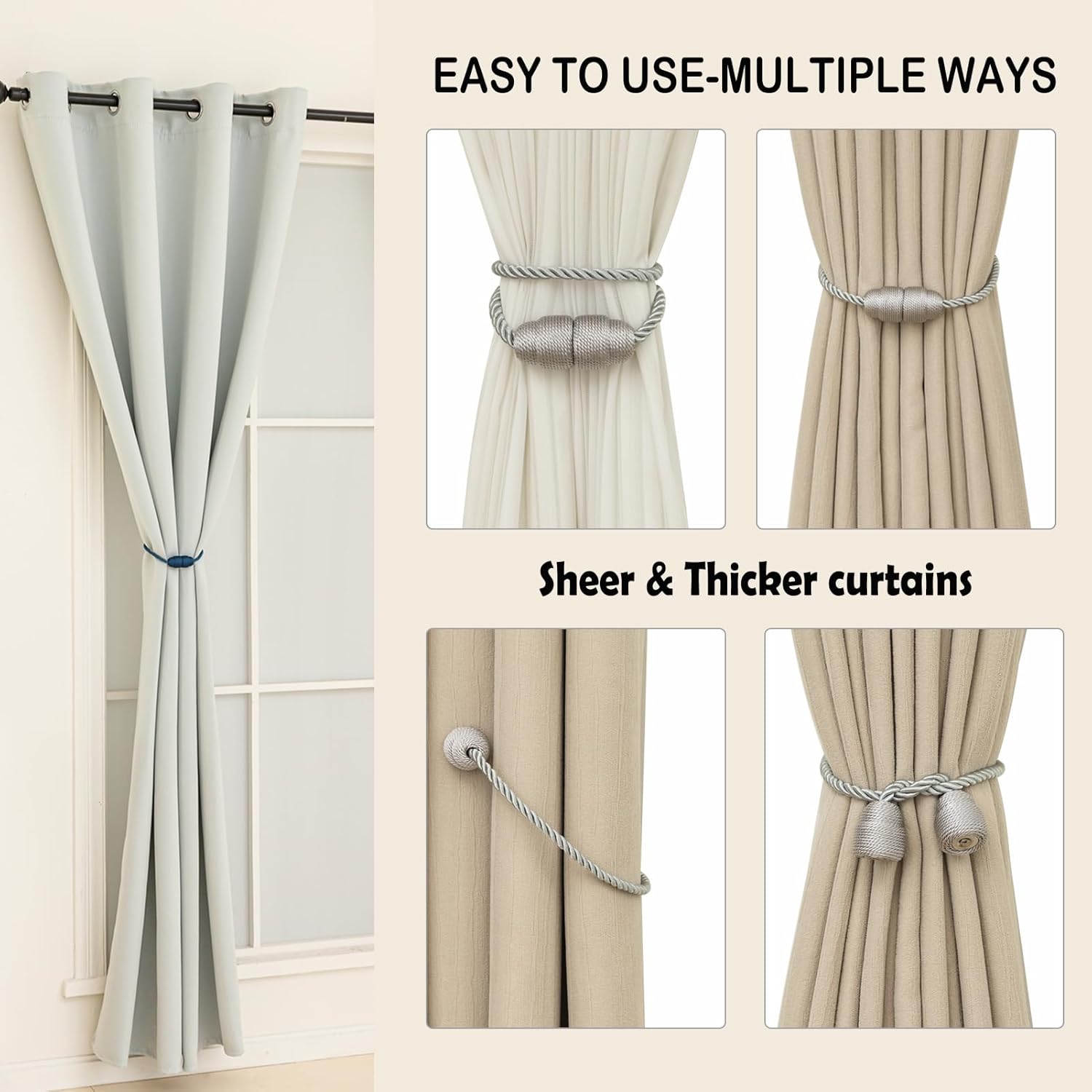 Magnetic Curtain Tiebacks - Rope Tiebacks for Curtains & Drapes, Decorative Window Holdbacks (8 Pack, Grey)