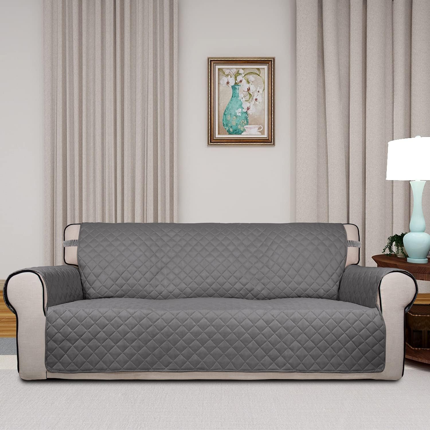 PureFit Reversible Quilted Sofa Cover, Water Resistant Slipcover Furniture Protector, Washable Couch Cover with Non Slip and Elastic Straps for Kids, Pets (Oversized Sofa, Gray/Gray)