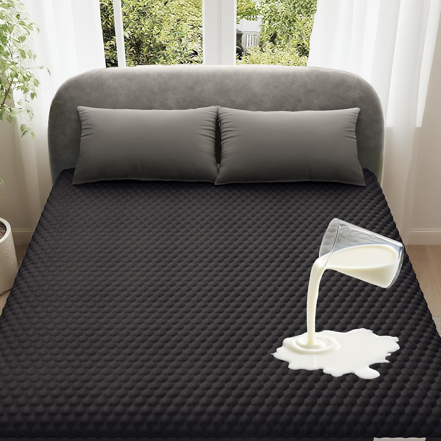 OhGeni 100% Waterproof Mattress Protector, Queen Size Mattress Pad, Fits 6"-20" Mattresses with Deep Pocket, Cooling, Breathable Fitted Sheets, Soft Bed Cover, Noiseless, Machine Washable(Black)
