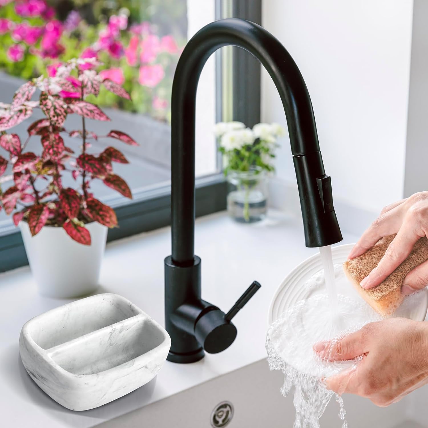 MyGift Modern White Resin Sponge Holder for Kitchen Sink, Countertop Dish Sponge Holder with 2 Compartments and Marble Pattern
