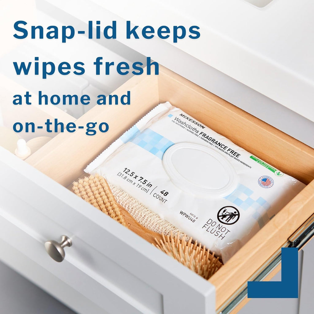 McKesson Washcloth Wipes for Adults, Unscented (3 Pack, 144 Washcloths) Disposable Wash Cloths for Body - Fragrance-Free No-Rinse Formula - Good for Incontinence and Elderly - 48 Wipes Per Pack