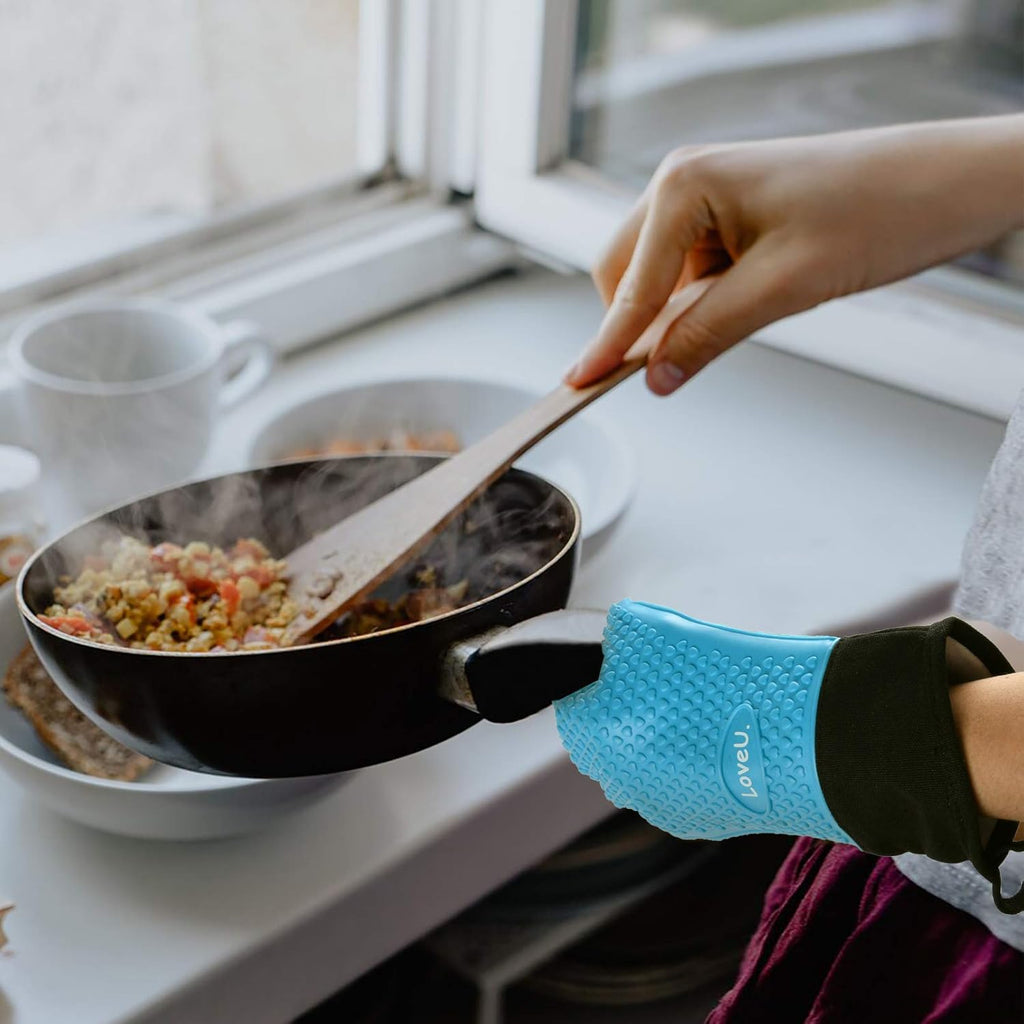 Kitchen Oven Gloves - Silicone and Cotton Double-Layer Heat Resistant Oven Mitts/BBQ Gloves/Grill Gloves - Perfect for Baking and Grilling (XL-XXXL, Blue)