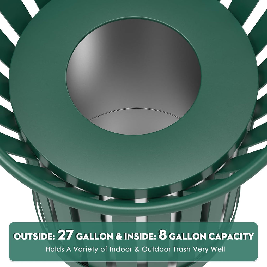 25.2IN Round Large Outdoor Trash Can, Heavy Duty Metal Slatted Garbage Can Outdoor, All Weather Resistant Commercial Garbage Cans, Waste Receptacle in Park, Beach, Patio, Green
