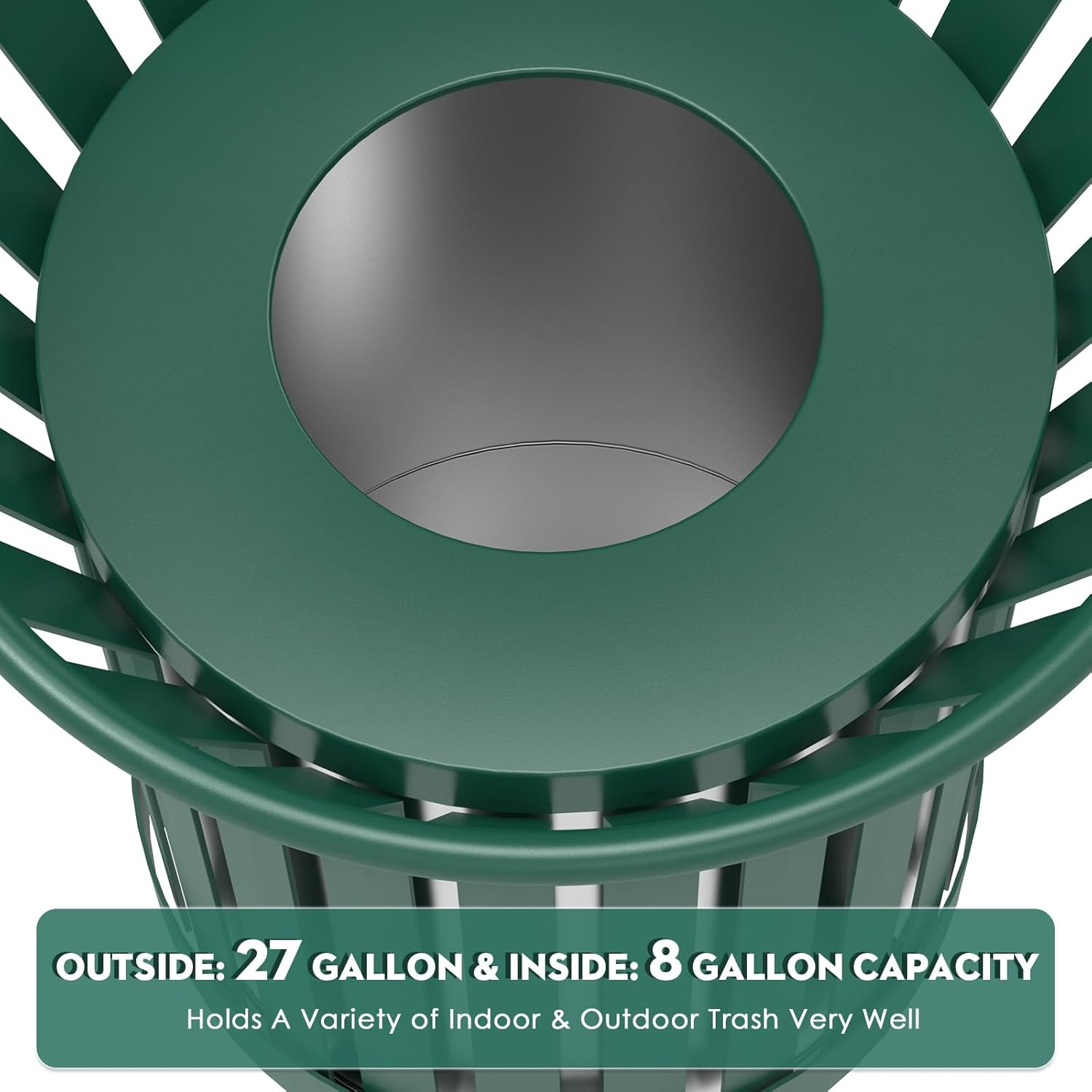 25.2IN Round Large Outdoor Trash Can, Heavy Duty Metal Slatted Garbage Can Outdoor, All Weather Resistant Commercial Garbage Cans, Waste Receptacle in Park, Beach, Patio, Green