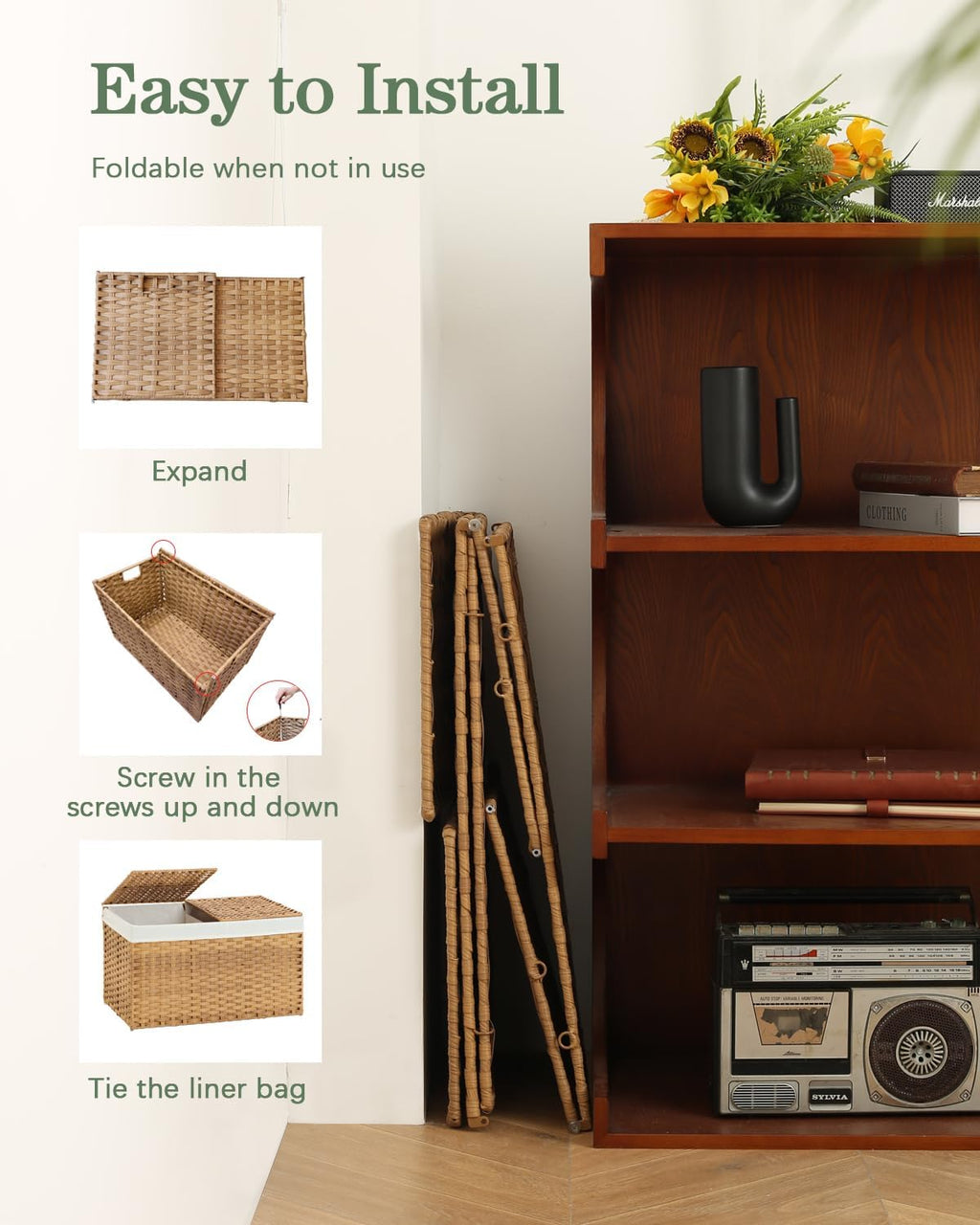 Storage Basket with Lid Rattan Woven Storage Baskets with 2 Separate Lids, 17.2 Gallon (65 L), 22 x 13 x 13.8 Inches,Foldable, 2 Removable Liner Bags Handles for Bedroom, Laundry Room Natural