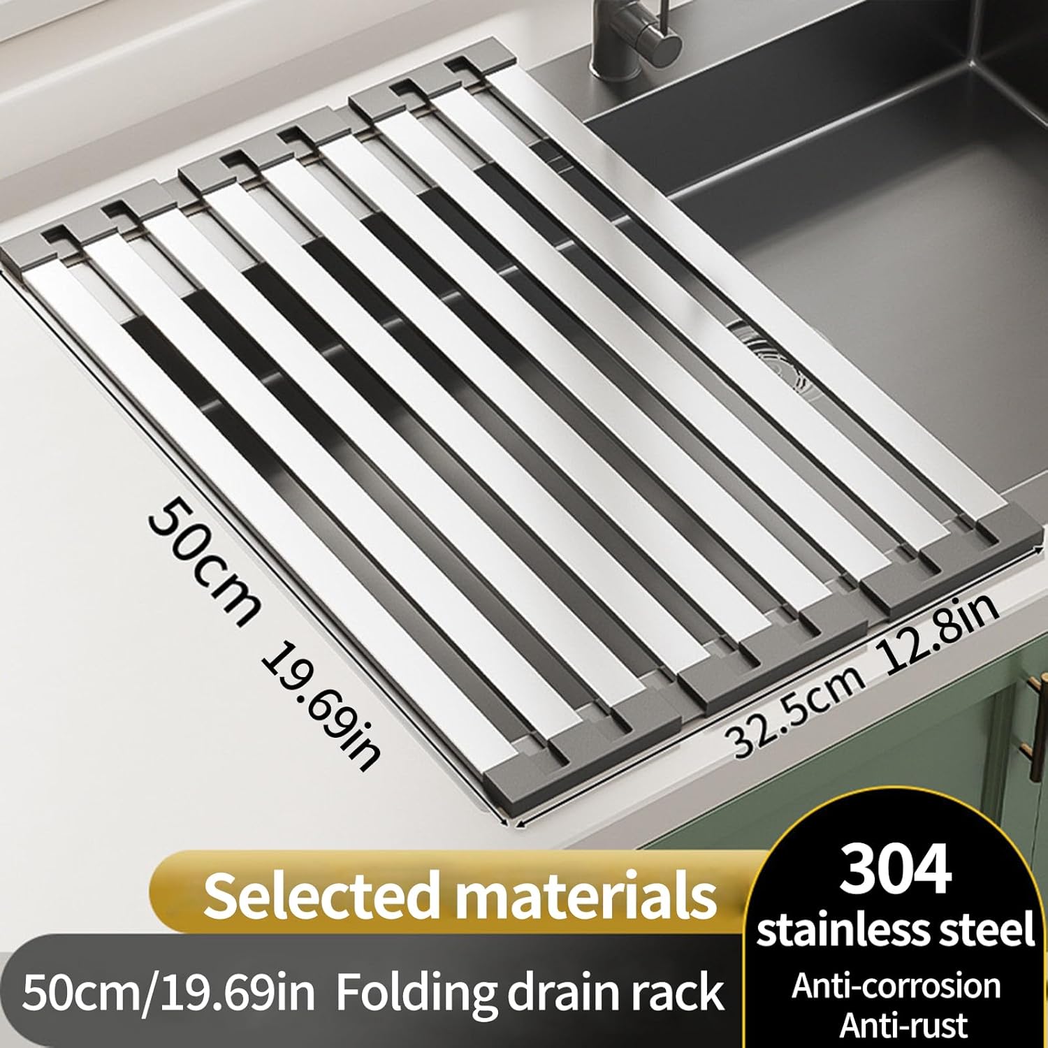 Foldable Dish Drying Rack, Over The Sink Dish Drying Rack ，Dish Drying mat，Dish Drying mats for Kitchen Counter，Stainless Steel Multifunctional mat (19.69×12.8in)