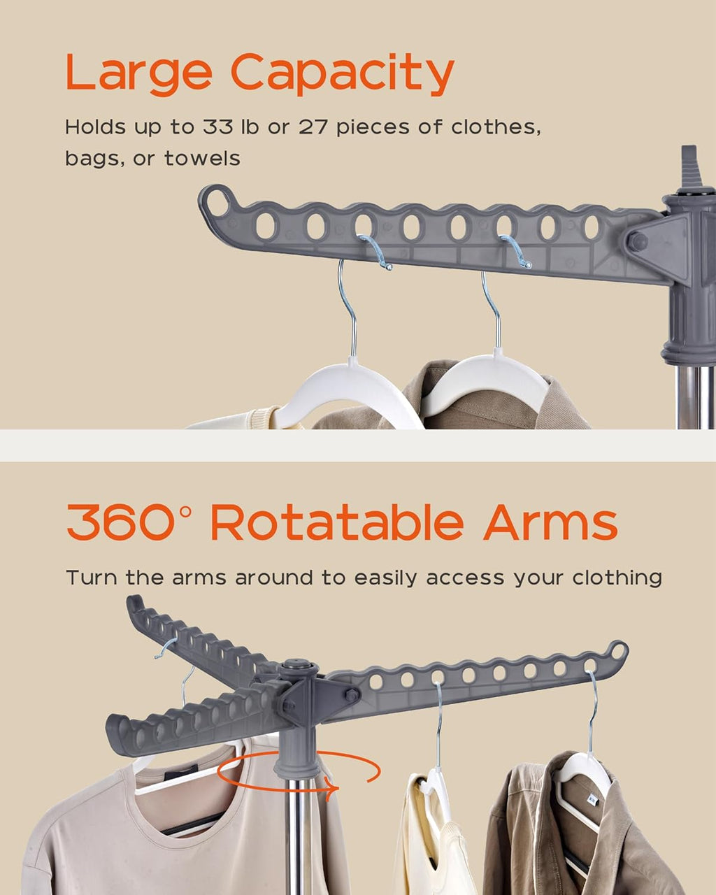Clothes Drying Rack Foldable, 59 inch Tripod Laundry Drying Rack Indoor with Rotating Clothes Rail for 27 Pieces of Clothes, Space Saving, Stainless Steel, Grey and Silver CDR001G01