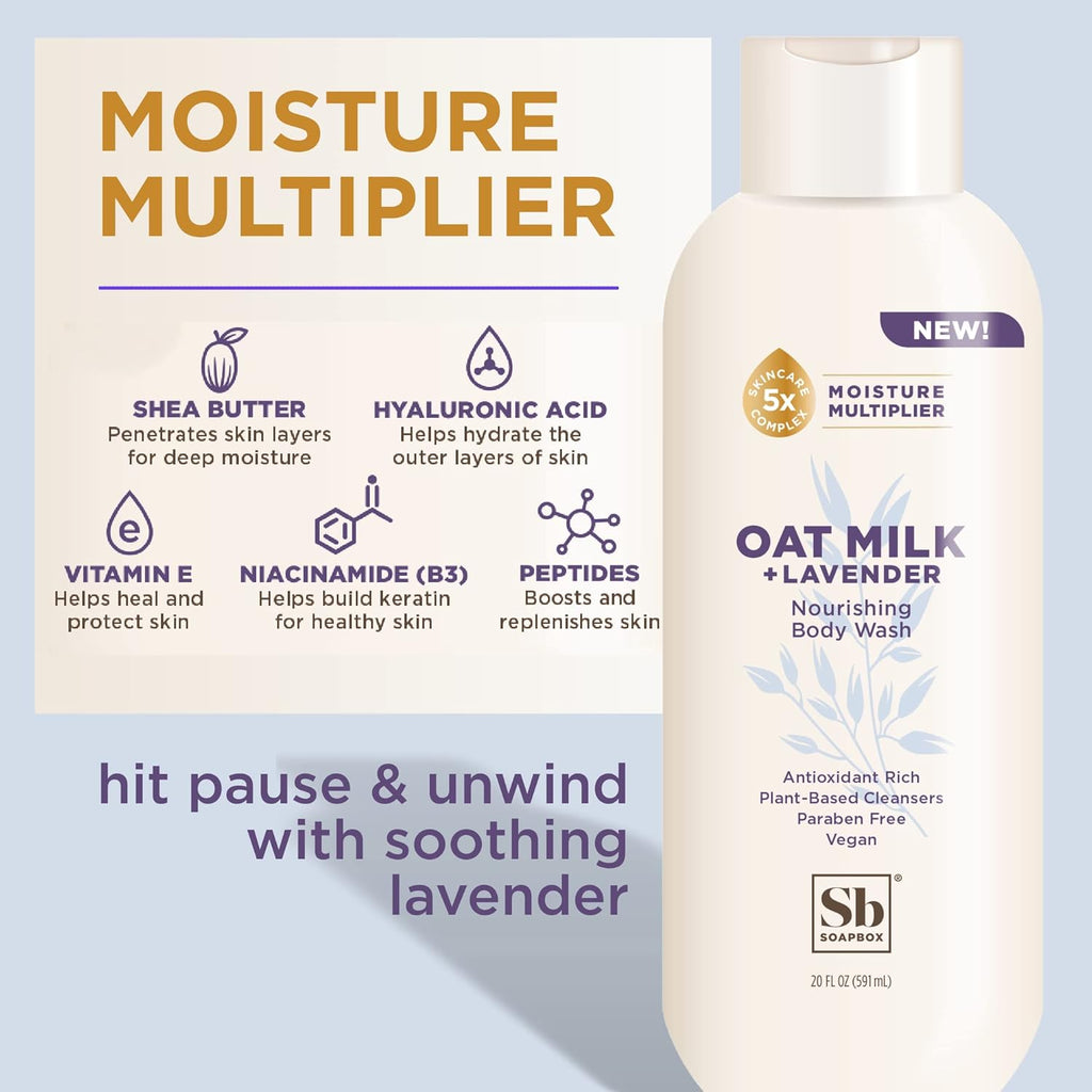 Soapbox Body Wash, Oat Milk + Lavender Body Wash, Vegan & Moisturizing, Calming with Shea Butter, 3 Pack, 20oz Each