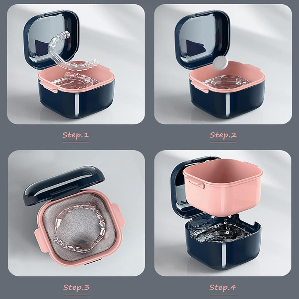 Denture Cup，Retainer Case,Cute Night Mouth Guard Box Holder, Storage Soak Container with Strainer basket for Travel Cleaning (Blue)