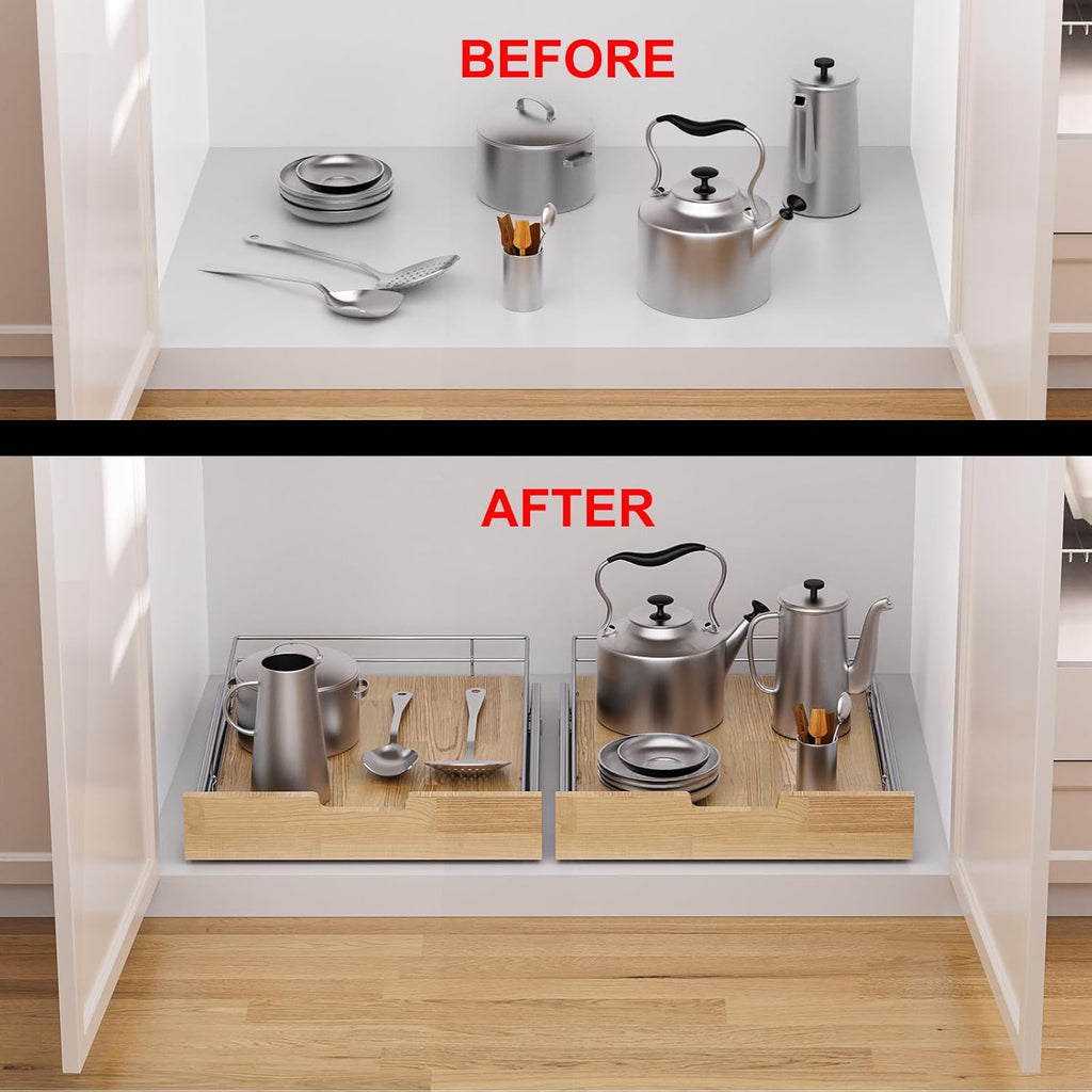 Pull Out Cabinet Organizer,Heavy-Duty Slide Out Shelf, Wood And Wire Basket, Pull Out Drawer for for Kitchen Under Sink Space, Pantry, Bathroom (17 * 21 WM)
