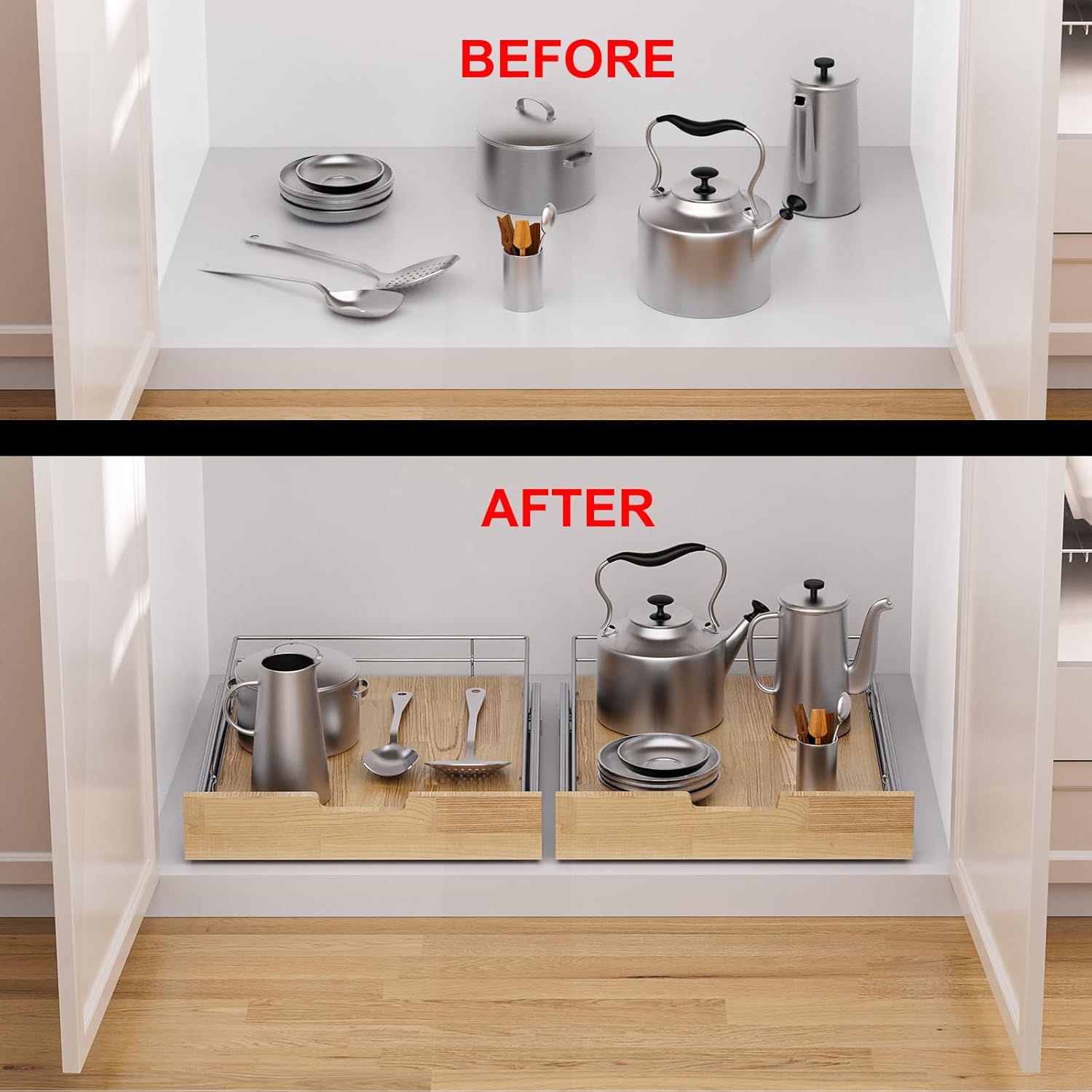 Pull Out Cabinet Organizer,Heavy-Duty Slide Out Shelf, Wood And Wire Basket, Pull Out Drawer for for Kitchen Under Sink Space, Pantry, Bathroom (14 * 21 WM)