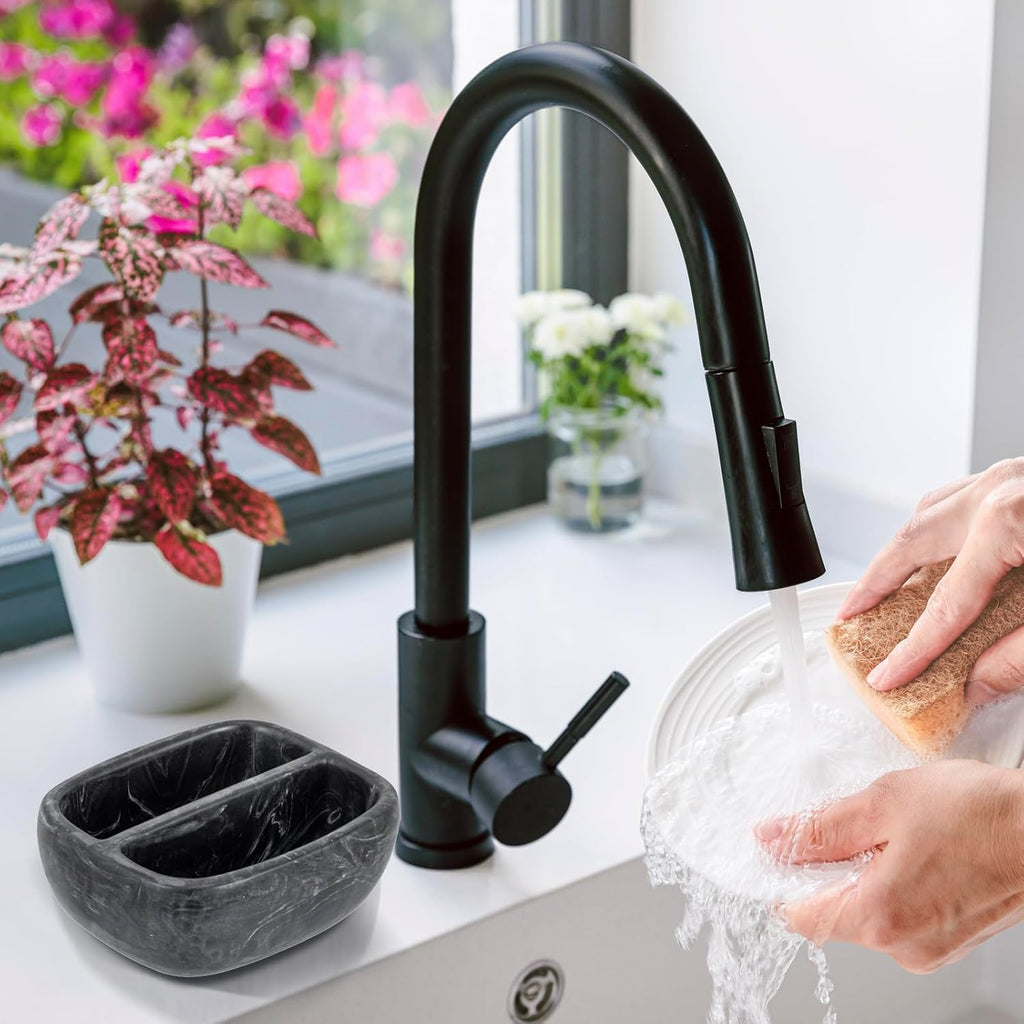 MyGift Modern Black Resin Double Sponge Holder with Realistic Marble Pattern for Kitchen Sink Countertop, Dish Cleaning Sponges or Scrubbing Pads Bowl with 2 Compartments