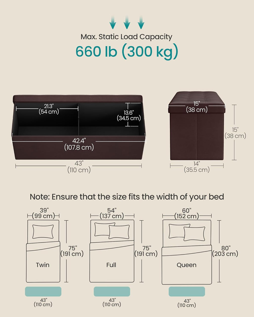 SONGMICS MAZIE Collection - 43 Inches Folding Storage Ottoman Bench, Ottoman with Storage, Foot Rest Stool, Load 660 lb, for Living Room, Synthetic Leather, Brown ULSF703