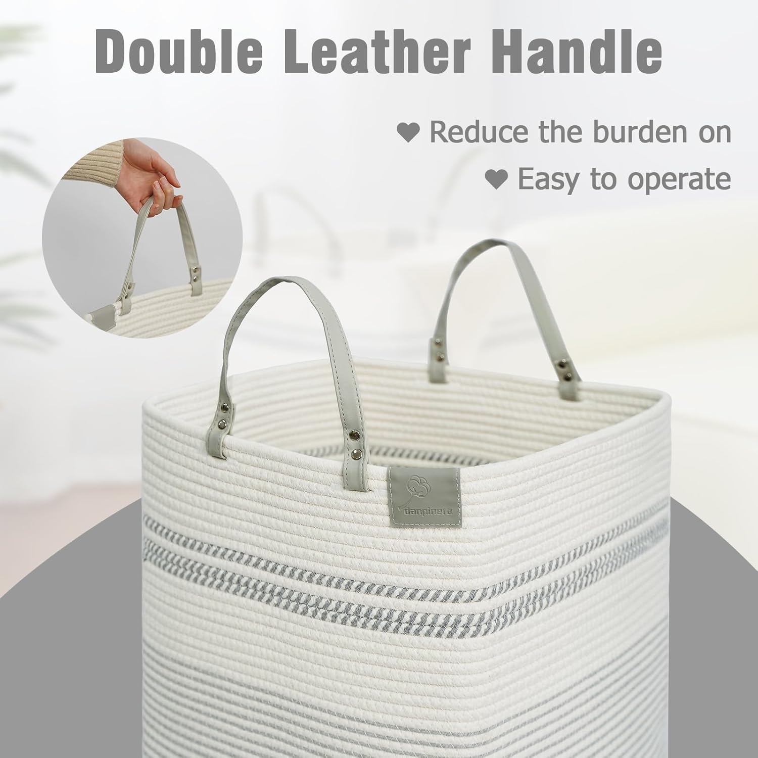 danpinera 100L Nursery Hamper, Tall Woven Laundry Basket with Long Leather Handles, Boho Laundry Hamper for Living Room & Bedroom, Eco-friendly & Convenient Decorative Storage Basket White & Gray