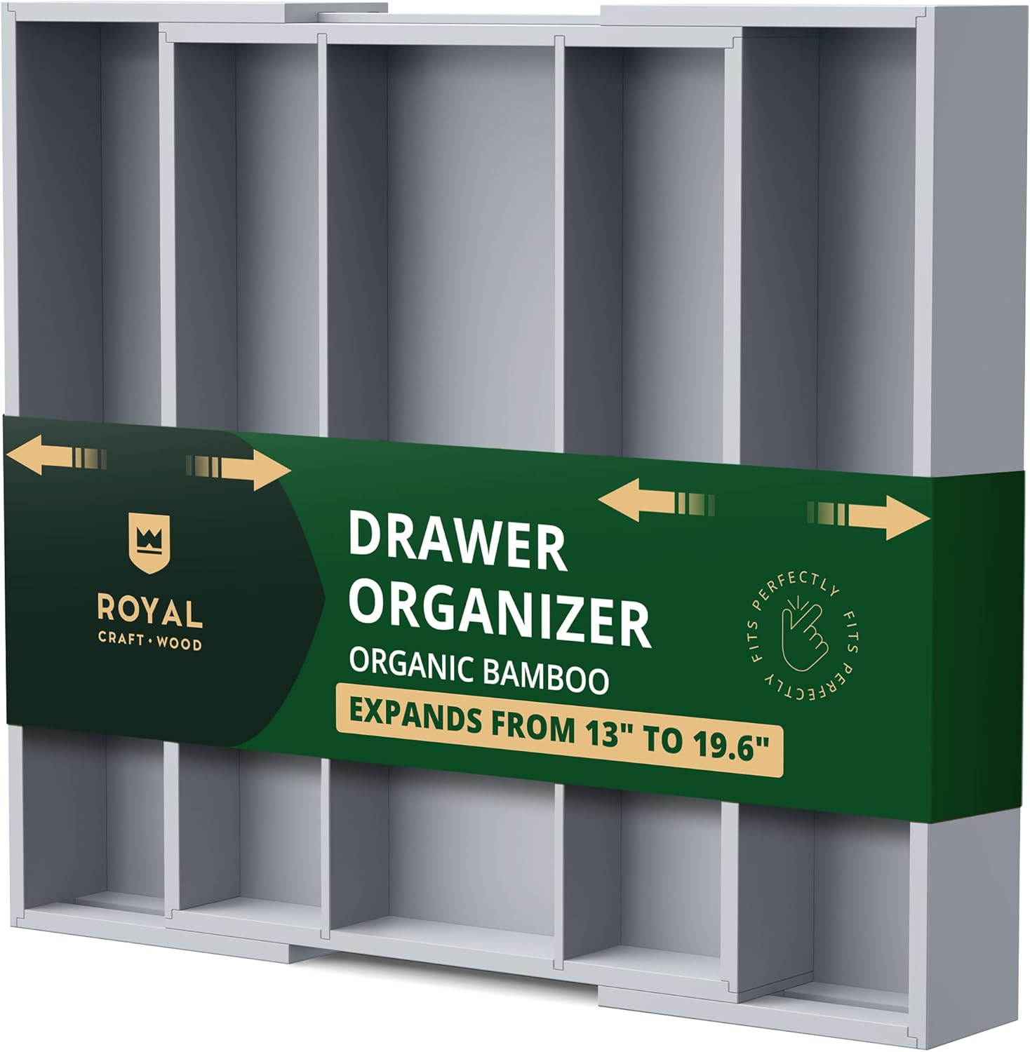 ROYAL CRAFT WOOD Luxury Bamboo Kitchen Drawer Organizer - Silverware Organizer - Utensil Holder and Cutlery Tray with Grooved Drawer Dividers for Flatware and Kitchen Utensils (5 Slot, Gray)