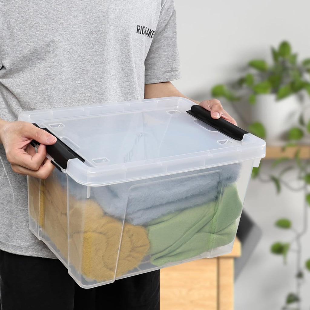 22 Qt Latching Storage Box, Stackable Bin with Latch Lid, Plastic Storage Container Tote, Clear, 4-Pack