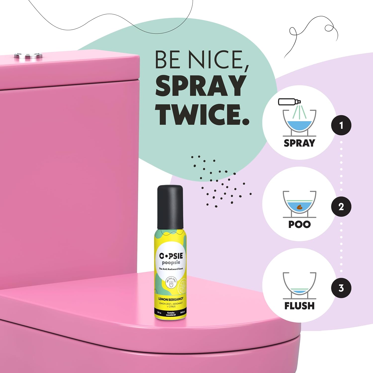 OOPSIE POOPSIE - Lemon Bergamont - Before & After You Go Toilet Spray 2oz - Portable Odor Eliminator - 4 Pack