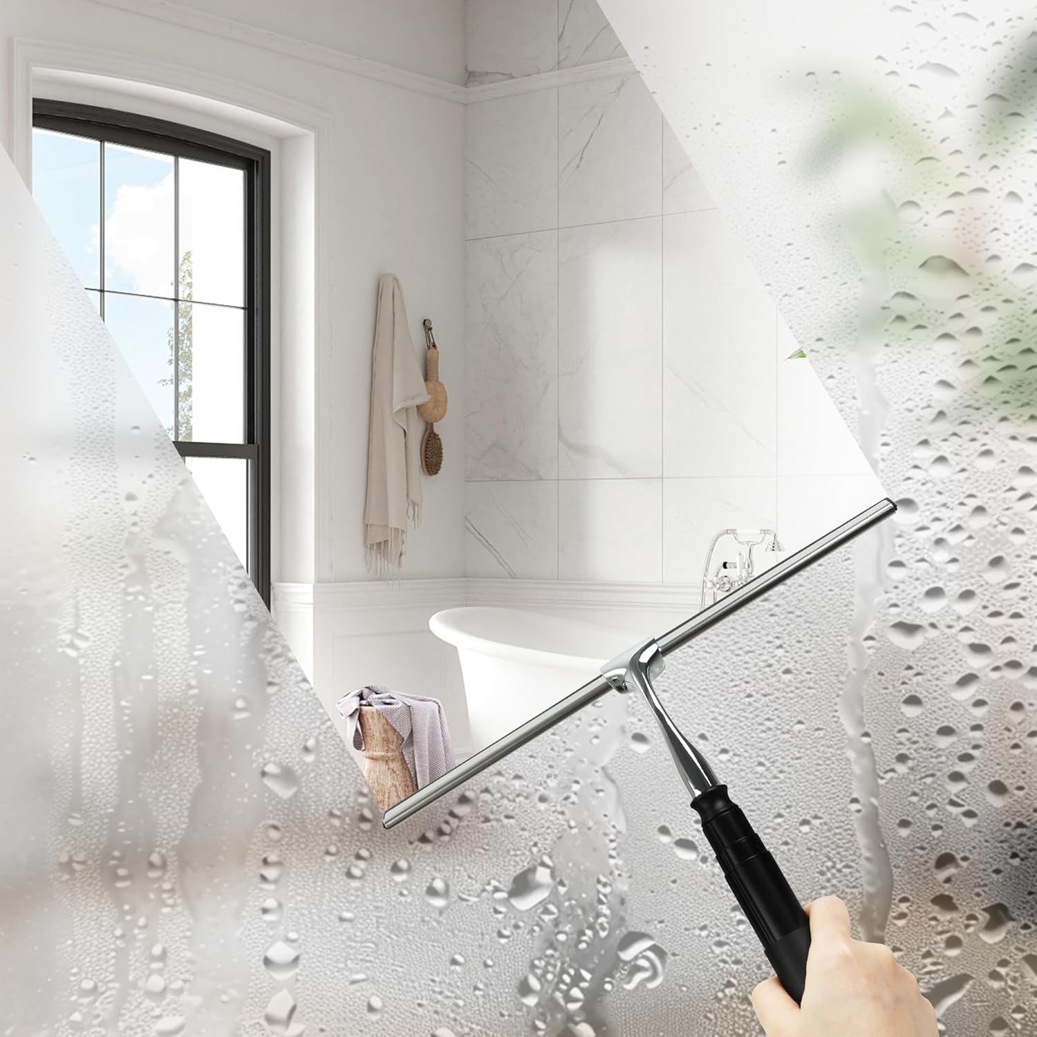 12-51’’ Telescopic Window Squeegee for Home, 2 in 1 Window Cleaning Squeegee Kit, Shower Squeegee for Glass Doors, Outdoor extendable Window Cleaner Tool for Floor Tile Wall Car Windshield