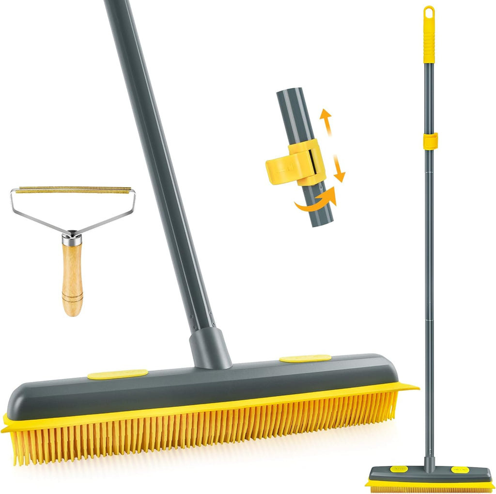 NEWE Rubber Pet Hair Removal Broom with Lint Fur Remover Tool, 57.5 inches Long Handle Silicone Carpet Brush Rake with Built-in Squeegee for Cleaning Rug, Tile, Floor (Gray Yellow)