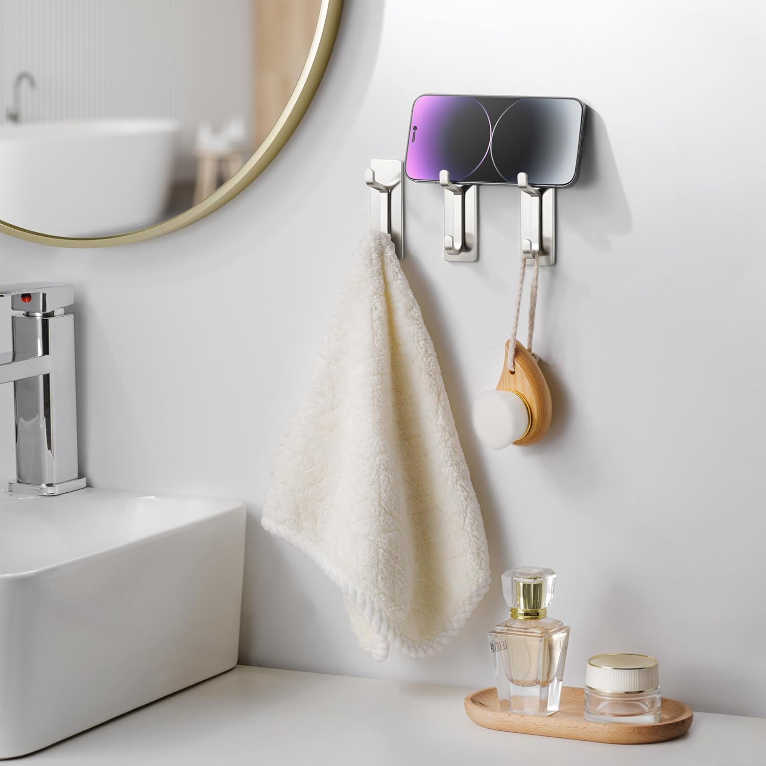 pickpiff Wall Hooks for Coat and Towel: 13LB Adhesive Door Hanger Stick on, Brushed Nickel 6 Pack