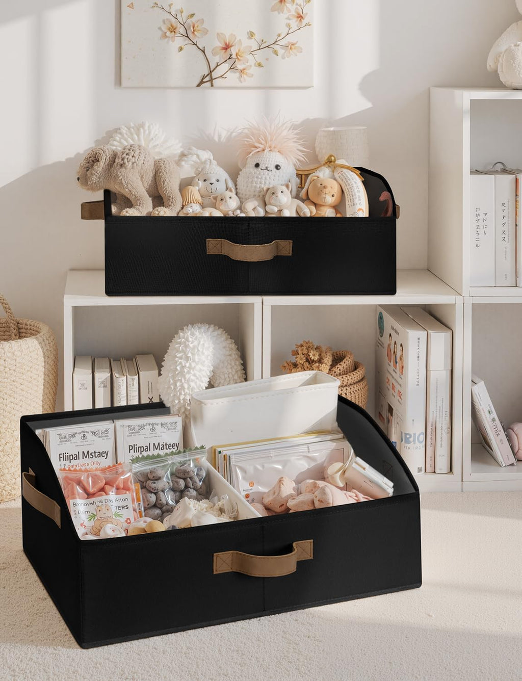 StorageWorks Closet Storage Bins, Trapezoid Organizer Box for Shelves, Fabric Clothes Bin, Foldable Organizing Baskets with Handles, Large, Black, 3-Pack