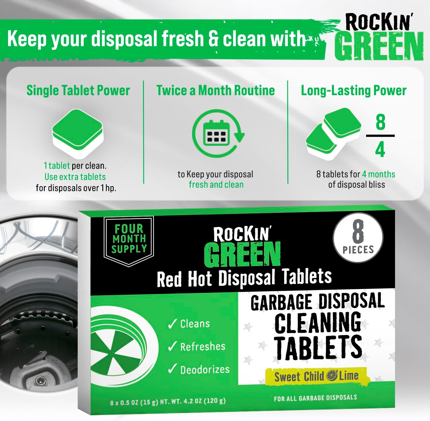 Rockin' Green Deep Cleaning and Deodorizing Tablets for Dishwashers, Washing Machines, and Garbage Disposals, Removes Odor and Residue (Garbage Disposal Cleaning Tablets, 8 Pack)