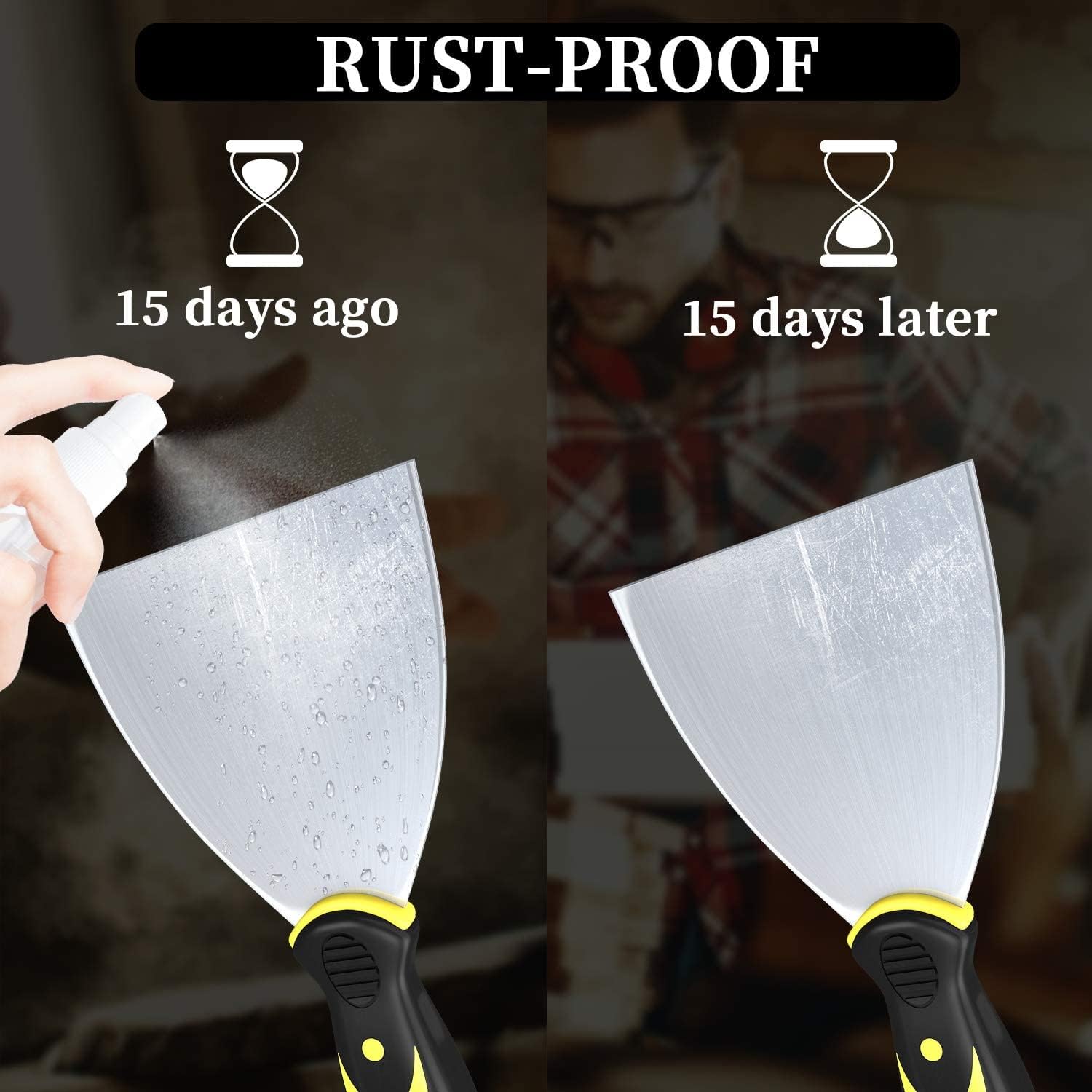 DEKEones Putty Knife Scrapers, Spackle Knife, Metal Scraper Tool for Drywall Finishing, Plaster Scraping, Decals, and Wallpaper (4 Pack, 5”, 4”, 3”, 1.5” Wide)