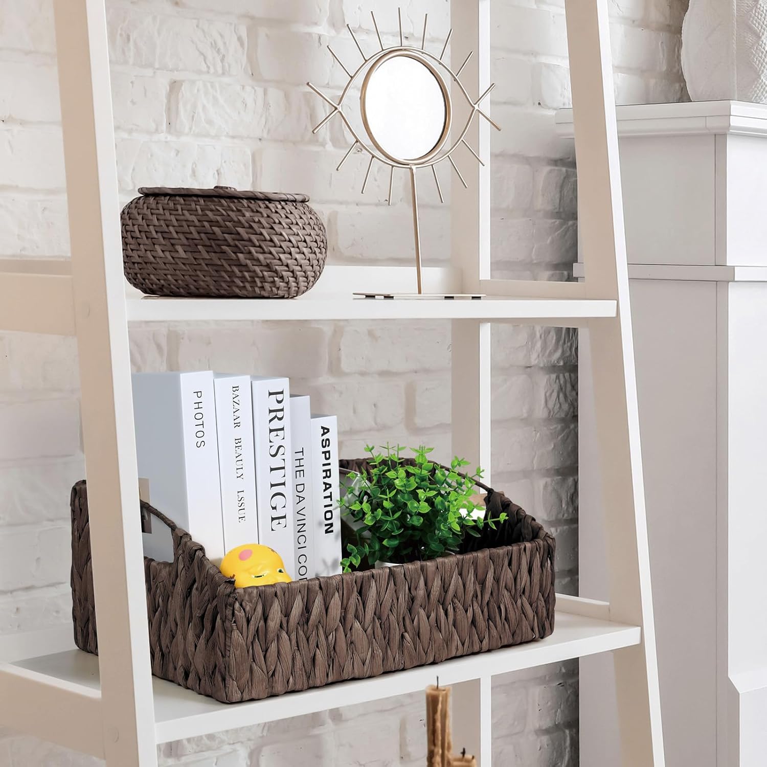 Ollieroo Natural Water Hyacinth Storage Baskets, Handwoven Wicker Storage Bins with Built-in Handles, Storage Container Baskets for Shelves, Bedroom, Bathroom, Laundry Room or Kitchen(Black)
