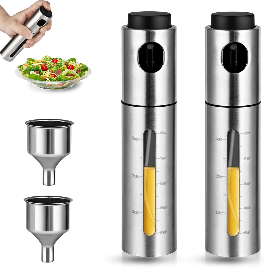 2 Pack Oil Bottle for Cooking,100ml Stainless Steel Cooking Oil Spray Bottle for Salads, BBQS and More,One-Handed Use (2 PCS)
