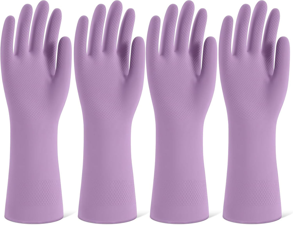 Rubber Cleaning Gloves for Dishwashing, 4 Pairs Reusable Kitchen Gloves for Washing Dishes and Household Cleaning, Purple Dish Gloves with Flocked Lining and Non-Slip Grip, Pefect for Woman Men - M