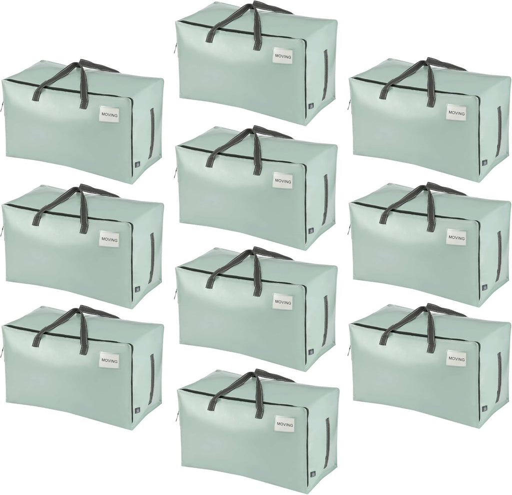 VENO 10 Pack Moving and Storage Bags, Heavy Duty, Alternative to Moving Boxes, Large Packing Totes Supplies for College Dorm Room with Zipper for Clothes, Wide Open Design (Shiny Light Green, 10 Pack)