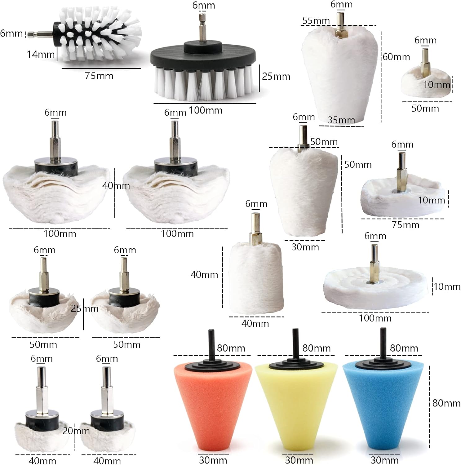 Polishing Pad Buffing Wheel Kit 17 Pack, for Drill for Metal Aluminum Stainless Steel Chrome Wood Plastic Ceramic Glass Woods Fabric Cotton Machine Jewelry etc