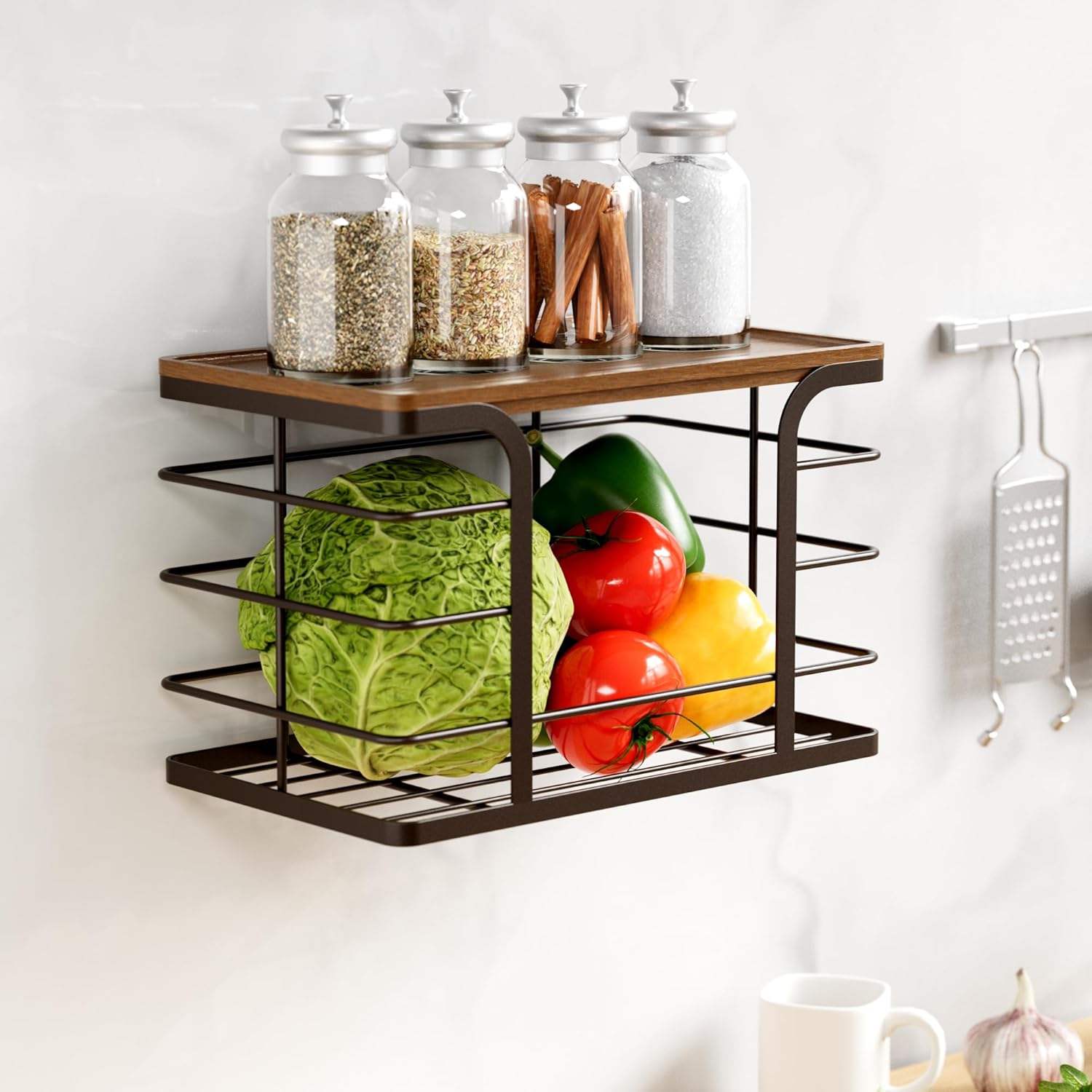 2 Pack Storage Stackable Kitchen Laundry Pantry Organizers,Wall Mount Trash Bag Holder Dispenser with Bamboo Top Countertop Organizer,Brown